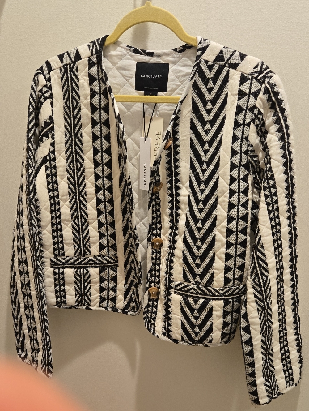 Sanctuary Black & White Quilted Tribal-Pattern Blazer